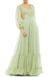 Mac Duggal Pleated Cut Out Long Sleeve Lace Up Tiered Gown In Sage