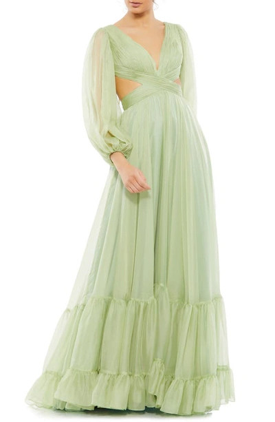 Mac Duggal Pleated Cut Out Long Sleeve Lace Up Tiered Gown In Sage