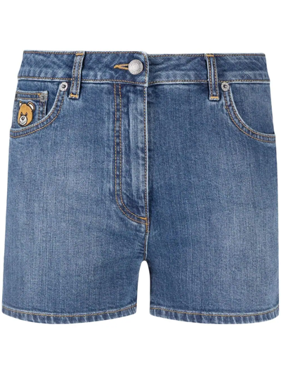 Moschino Short With Teddy Embroideredcotton Denim Short With Teddy Embroidered In Blue