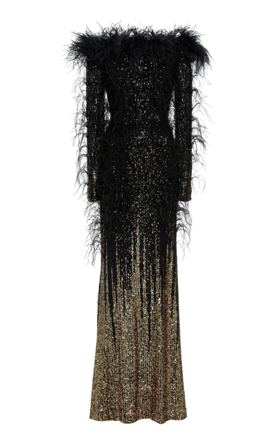 Elie Saab Degrade Sequin Off-the-shoulder Gown W/ Feather-trim In Multi