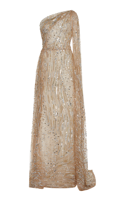 Elie Saab Bead-embroidered One-shoulder Shawl Gown In Gold