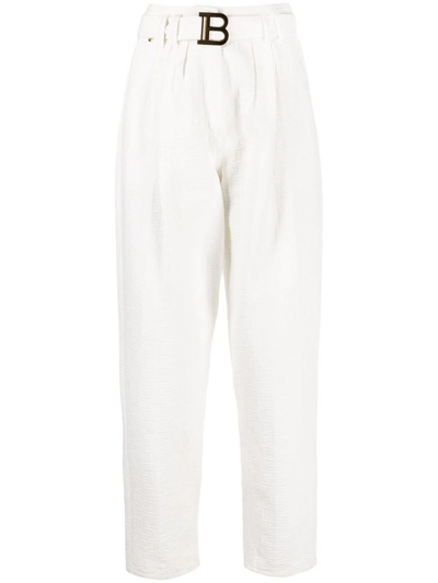 Balmain Pleated Monogram Belted Straight-leg Pants In White