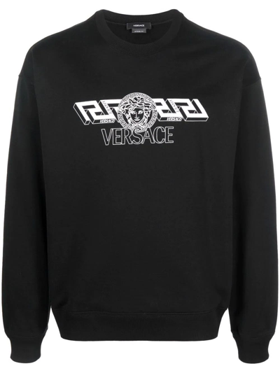 Versace Logo Print Cotton Jersey Sweatshirt In Black