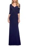 La Femme Ruched Jersey Column Gown In Navy