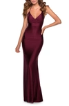 La Femme Strappy Back Trumpet Gown In Dark Berry