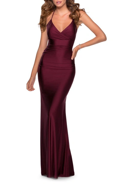 La Femme Strappy Back Trumpet Gown In Dark Berry