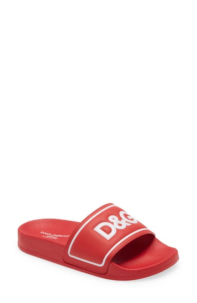 Dolce & Gabbana Boys Teen Red Leather Sliders In Red/ White