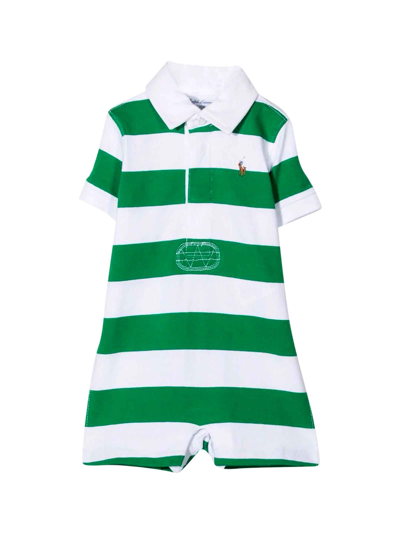 Ralph Lauren Kids' Striped Baby Romper In Verde/bianco