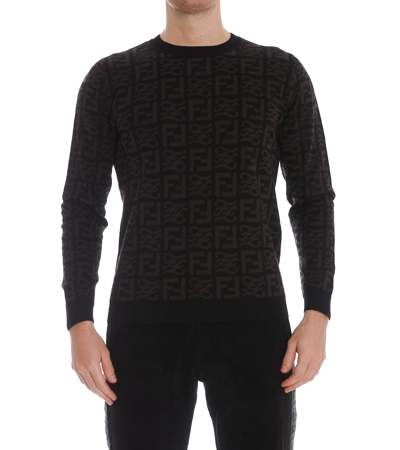 Fendi Ff-logo Intarsia-knit Wool Jumper In Black