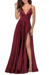 La Femme Satin Empire Waist Sleeveless Gown In Wine