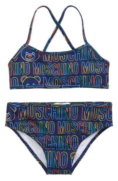 Moschino Kids' Logo Print Two-piece Swimsuit In Navy