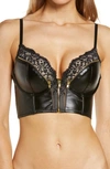 HUNKEMOLLER TALIA FAUX LEATHER & LACE UNDERWIRE LONGLINE PUSH-UP BRA