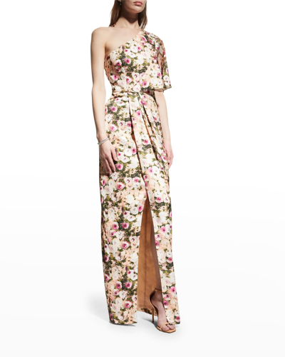Aidan Mattox Flutter-sleeve Floral One-shoulder Column Gown In Blush Multi
