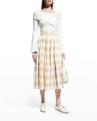 Adeam Crocus Check Tiered Midi Skirt In Beige/white