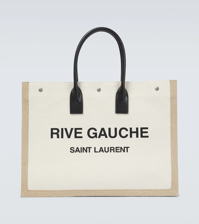 Saint Laurent Rive Gauche Canvas Tote Bag In Lino Bianco/ne/nat/n