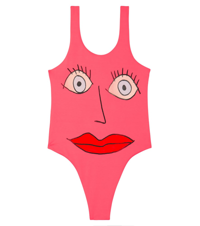 The Animals Observatory Kids' Face Print Tech One Piece Swimsuit In Dark Pink