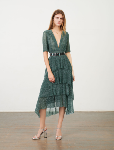 Maje Stretch Lurex Fabric Dress With Ruffles In Green