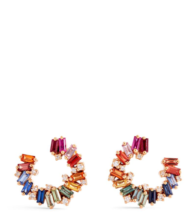 Suzanne Kalan 18k Yellow Gold Isla Rainbow Sapphire And Diamond Hoop Earrings In Rose Gold