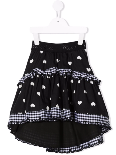 Monnalisa Kids' Heart-print High-low Skirt In Black + Cream