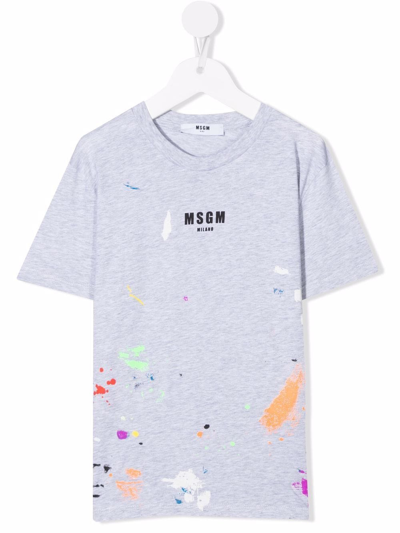 Msgm Kids' Paint-splatter Print T-shirt In Grey