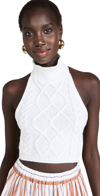 Rosie Assoulin Cropped Striped Cotton Poplin-trimmed Cable-knit Cotton Halterneck Top In White/natural