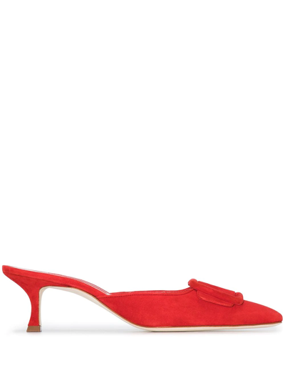 Manolo Blahnik Maysale 70 Buckled Suede Mules In Red