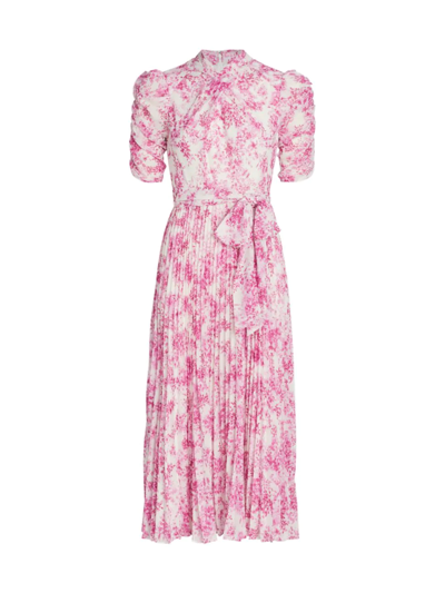 ml Monique Lhuillier Pleated Belted Floral Midi-dress In Hot Fuchsia Porcelain