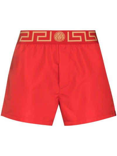 Versace Greca Border Swim Shorts In Red