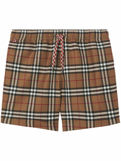 Burberry Check Print Tech Swim Shorts In Birch Brown