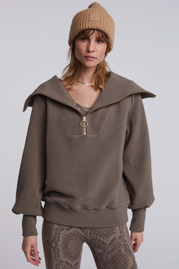Varley Damen Pullover Mit Raglanärmeln Und Halbem Reißverschluss - Bequemer Ottoman-Stoff