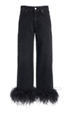 VALENTINO FEATHER-TRIMMED RIGID HIGH-RISE STRAIGHT CROPPED JEANS