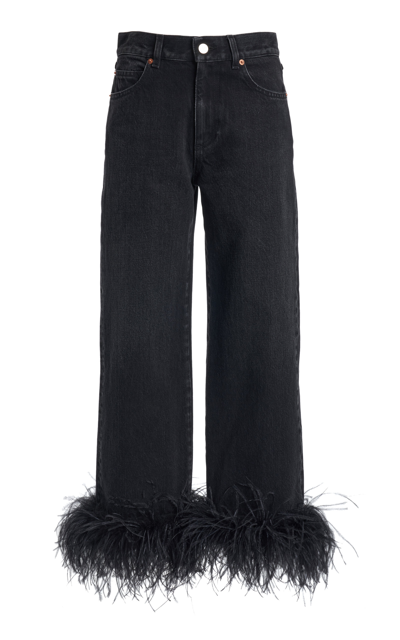 Valentino Feather-trimmed Rigid High-rise Straight Cropped Jeans In Black