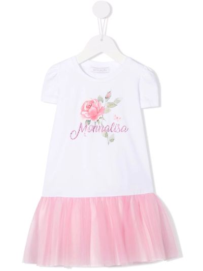Monnalisa Kids' Logo-embellished Tulle T-shirt Dress In White