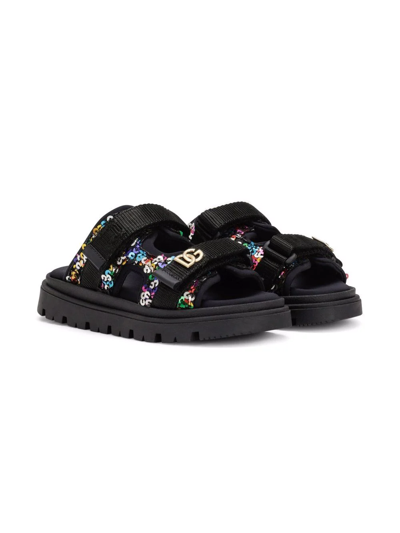 Dolce & Gabbana Kids' Sequin Touch-strap Sandals In Black