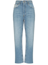 Re/done 70s High Rise Stove Pipe Distressed Straight-leg Jeans In Blue
