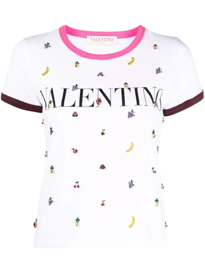 Valentino Crystal Fruit Embroidered T-shirt In White/multicolor