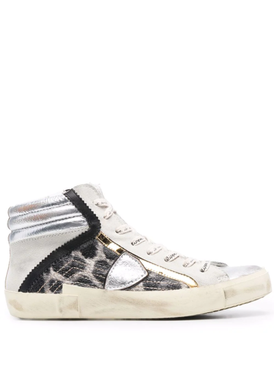 Philippe Model Prsx Leopard-pattern Mid-top Sneakers In Silver