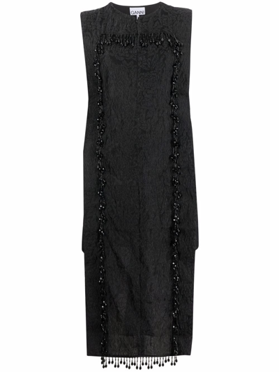 Ganni Organza-fringe Jacquard Sleeveless Top In Black