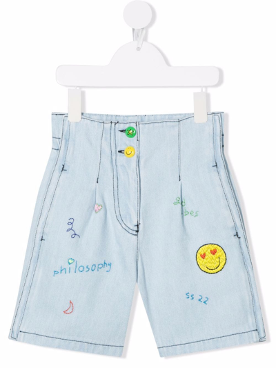 Philosophy Di Lorenzo Serafini Teen Embroidered Contrast-stitching Denim Shorts In Blu