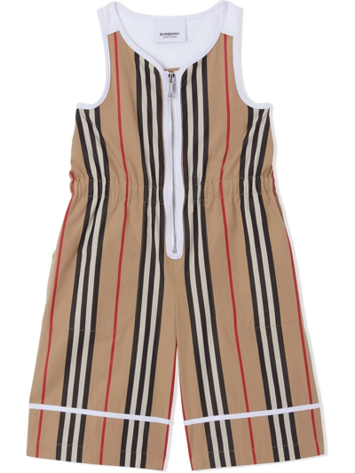 Burberry Babies' Icon Stripe Zipped Jumpsuit In Beige
