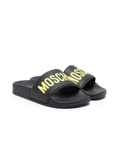 Moschino Kids' Black Slippers With Yellow Logo