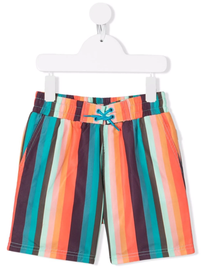 Paul Smith Junior Kids' Multi-coloured Striped Swim Shorts In Orange