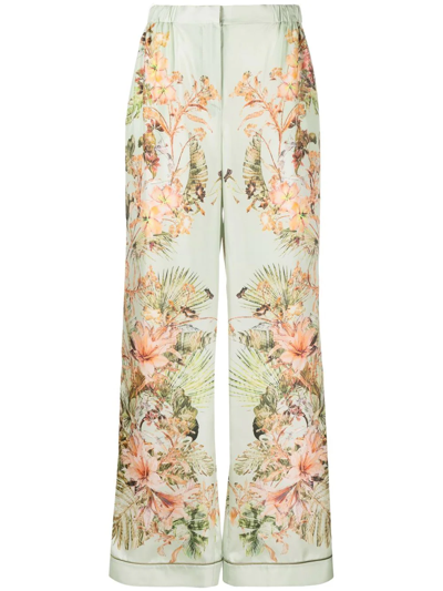Alberta Ferretti Tropical Python Habotai Palazzo Pants In Verde