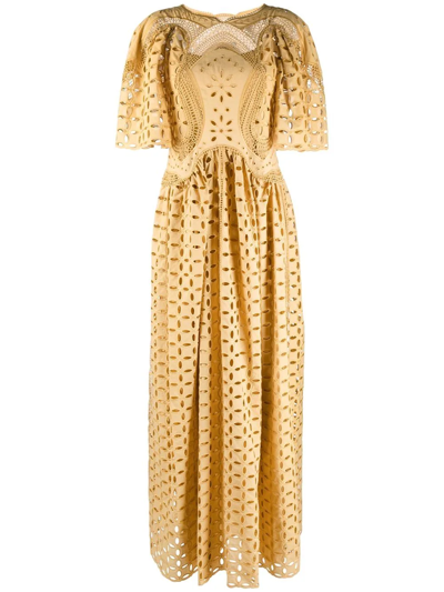 Alberta Ferretti Broderie Floor-length Dress In Gelb