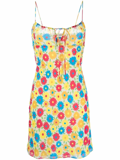 Saint Laurent Silk Flower Print Mini Dress Multicolor In Yellow