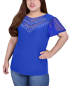 Ny Collection Plus Size Studded Short Flutter Sleeve Top With Mesh Details In Surf The Web
