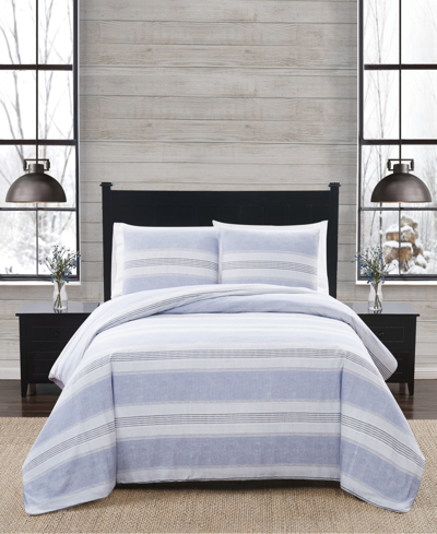 London Fog Stripe 3 Piece Flannel Comforter Set, Full/queen In White/blue