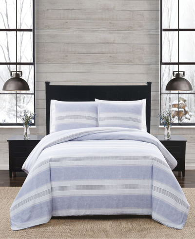 London Fog Stripe 3 Piece Flannel Duvet Cover Set, Full/queen In White,blue