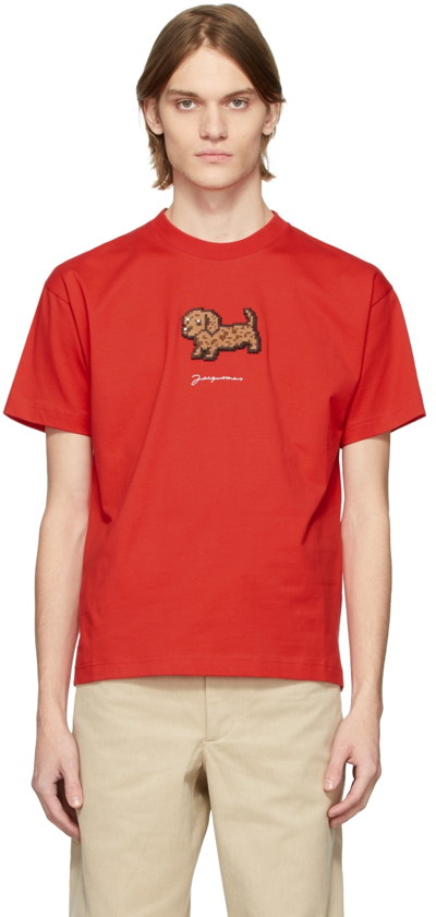 Jacquemus Dog-embroidered Organic Cotton-jersey T-shirt In Red