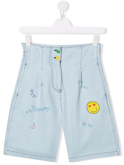 Philosophy Di Lorenzo Serafini Teen Embroidered Contrast-stitching Denim Shorts In Blu